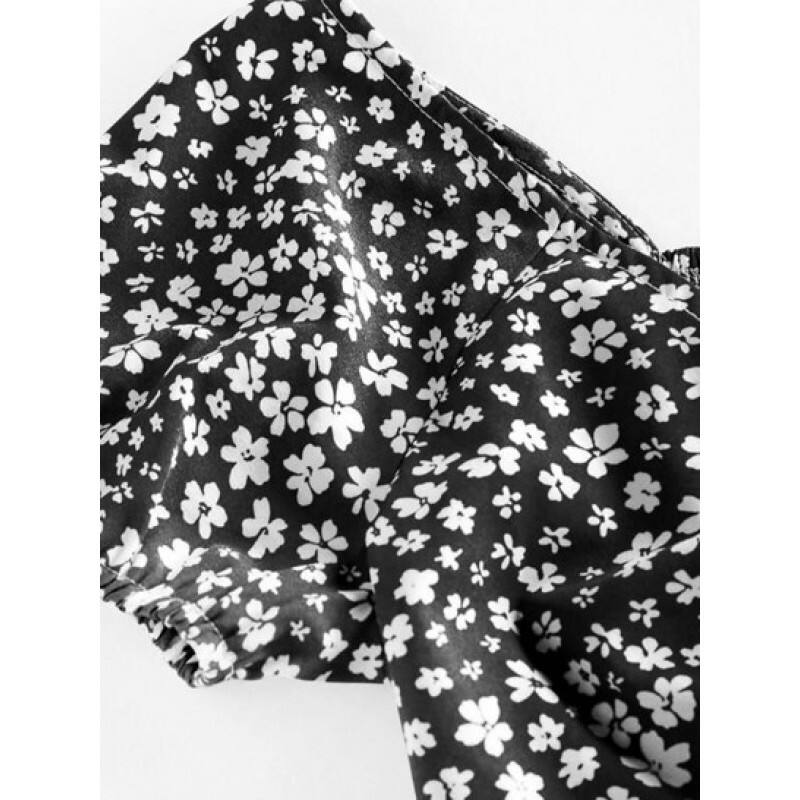 Ditsy Print Smocked Cinched Peplum Blouse CW4405