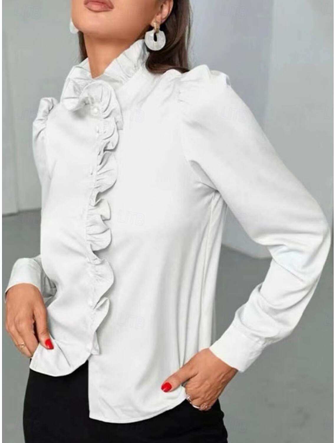 Women's Shirt Blouse Business Modern Casual Solid Color Regular Tops Long Sleeve Turtleneck Ruffle Buttons Regular Fit Work Formal Wear Summer Spring