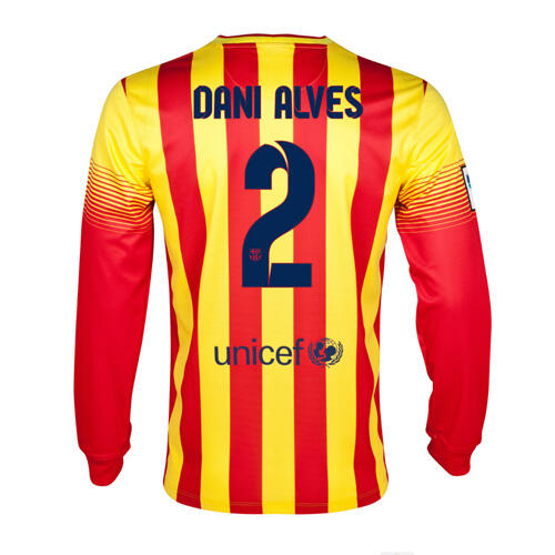 13-14 Barcelona 2 Dani Alves Away Long Sleeve Soccer Jersey Shirt -