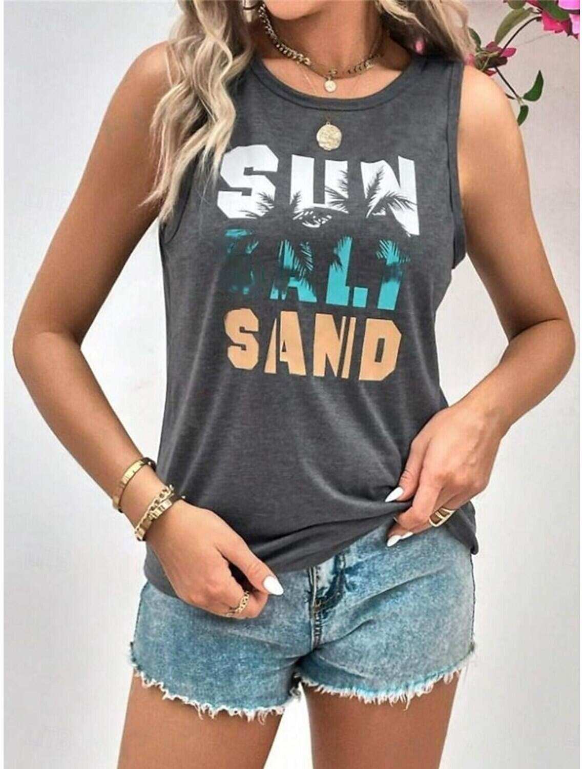 Women's Tank Top Vest Vacation Tropical Fashion Letter Print Sleeveless Regular Tops Crew Neck Casual Summer