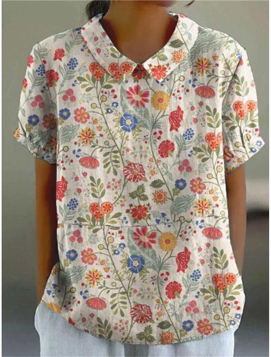 Women's Shirt Blouse Modern Floral Buttons Print Short Sleeve Regular Tops Shirt Collar Vacation Daily Summer Spring