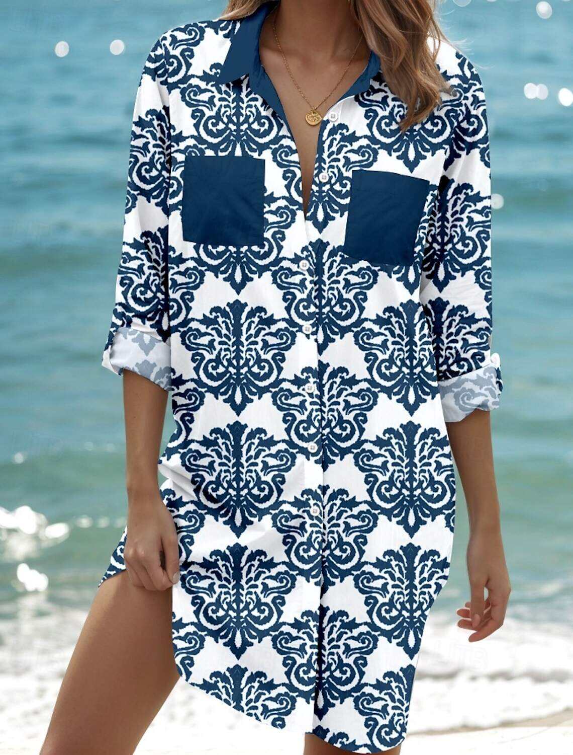 Women's Blouse Stylish Beach Graphic Long Tops Long Sleeve Shirt Collar Buttons Print Form Fit Spring Fall
