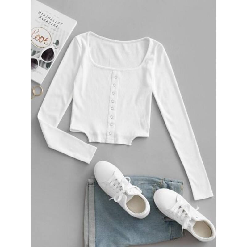 Square Collar Rib-knit Grommets Crop Top ZP2253