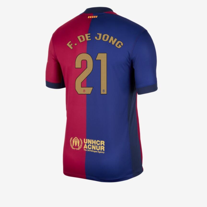 Barcelona's 24-25 Home Jersey featuring F. DE JONG with the number 21