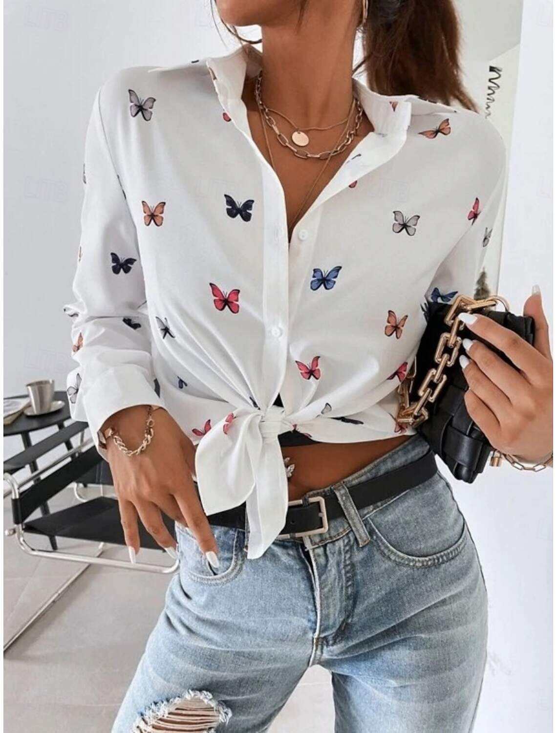 Women's Shirt Blouse Stylish Casual Butterfly Regular Tops Long Sleeve Shirt Collar Buttons Print Regular Fit Daily Summer Spring