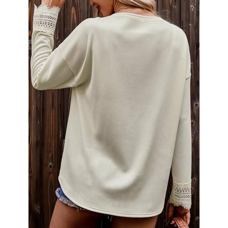 Lace Panel Solid V Neck Top FC4931