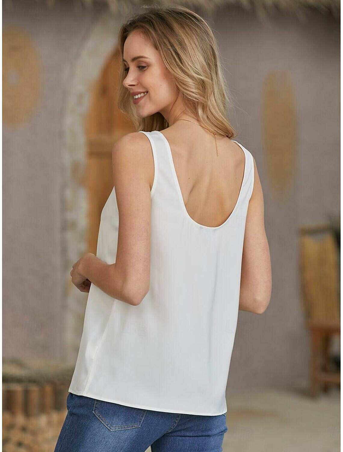 Women's ArmyGreen Black White Plain Sleeveless Daily Basic V Neck Regular S