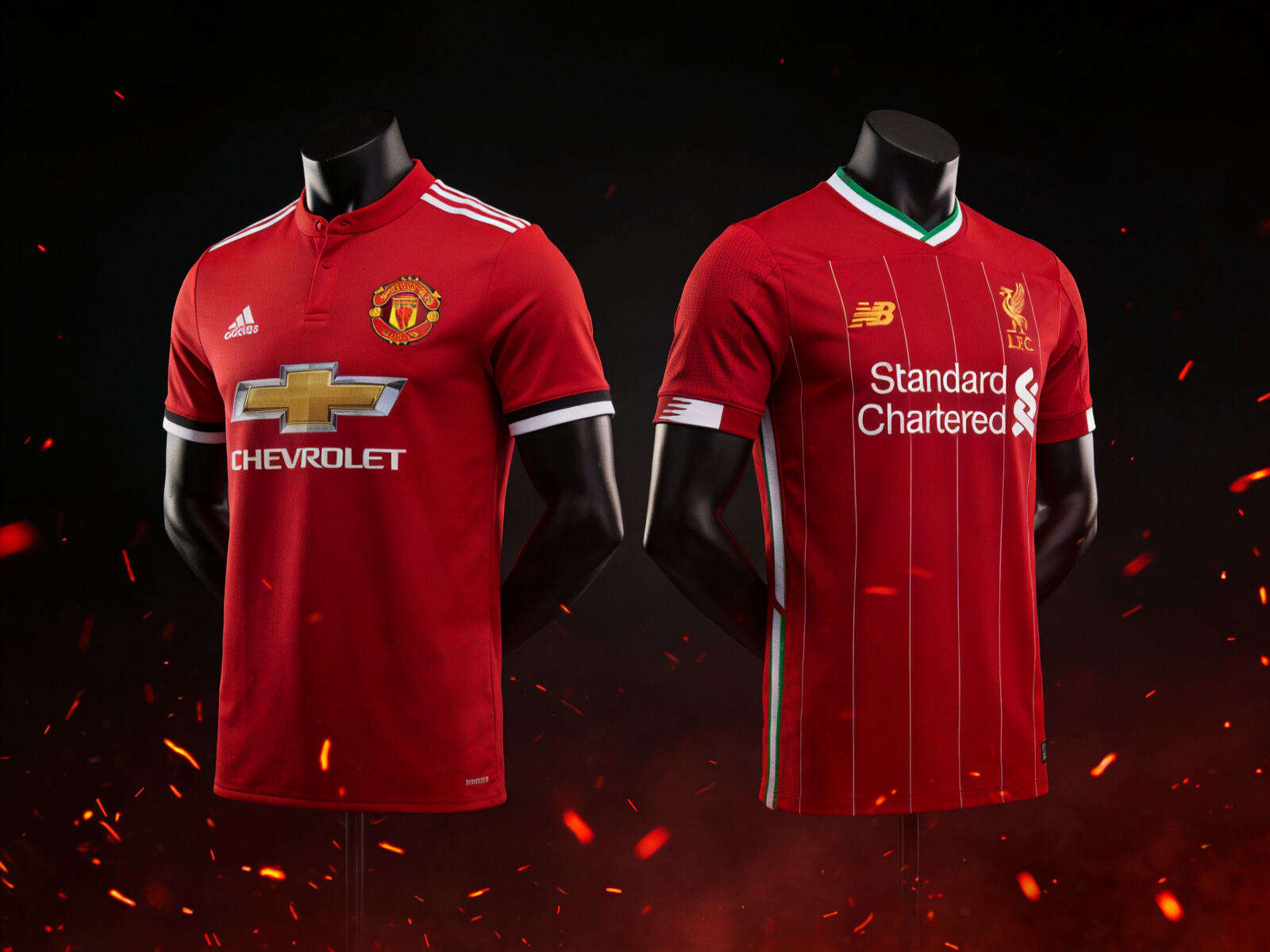 Side-by-side comparison of iconic red Premier League kits: the classic Manchester United home shirt and Liverpool FC home jersey, representing passion, energy, and historic football legacy.