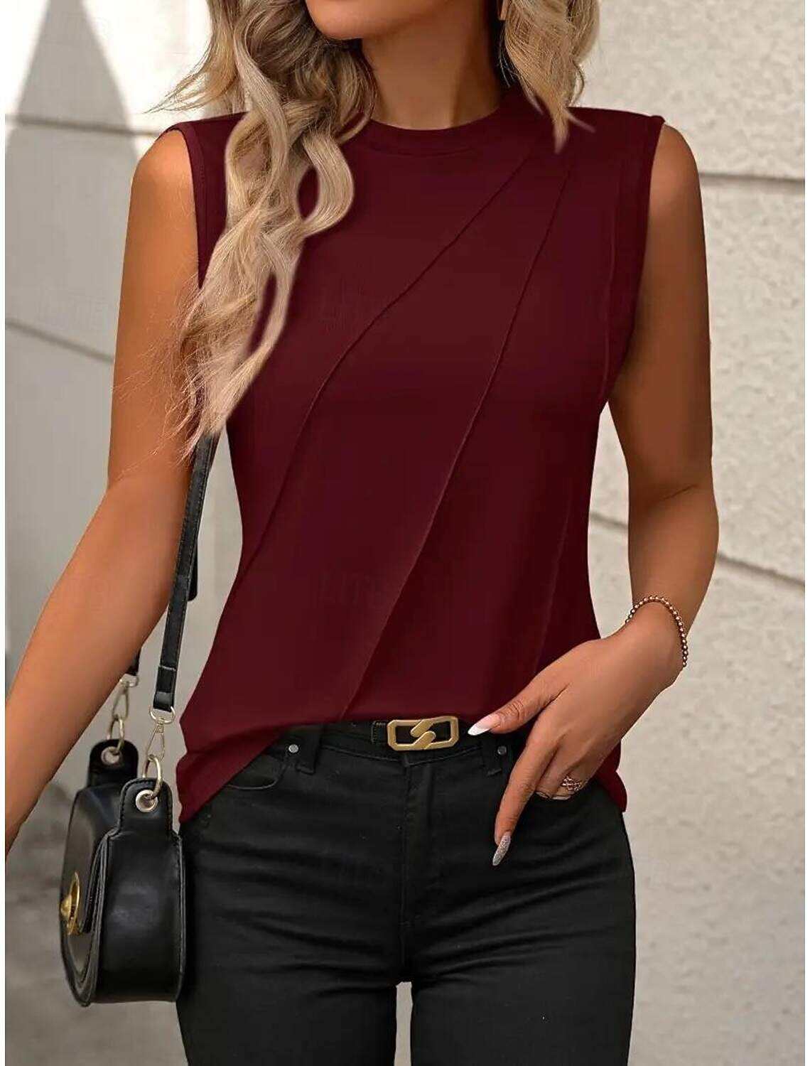 Women's Blouse Sleeveless Round Neck Asymmetrical Layered Elegant Draped Summer Spring Casual Workwear Regular Fit Versatile Top Clothing Apparel