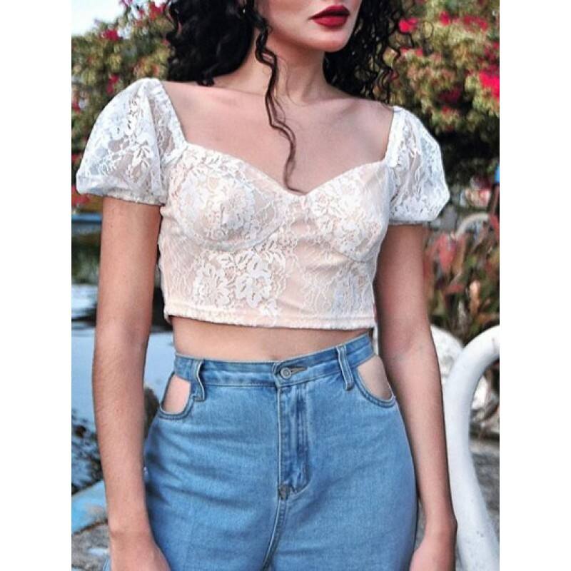 Lace Insert Puff Sleeve Crop Corset Top IN5305