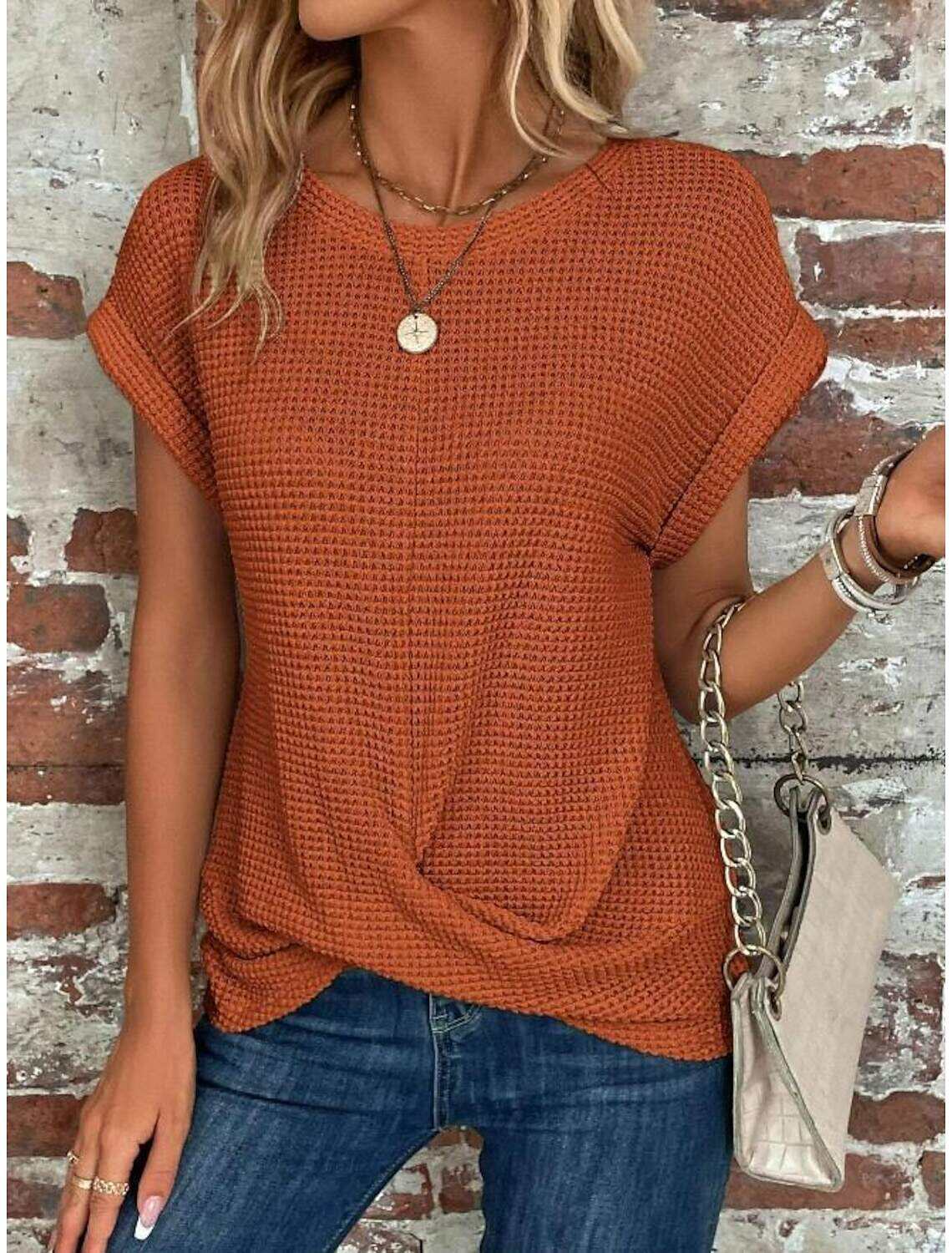 Women's Knitted Top V-neck Short Sleeve Elastic Soft Burnt Casual Loose Fit Versatile Spring Fall Clothing Apparel