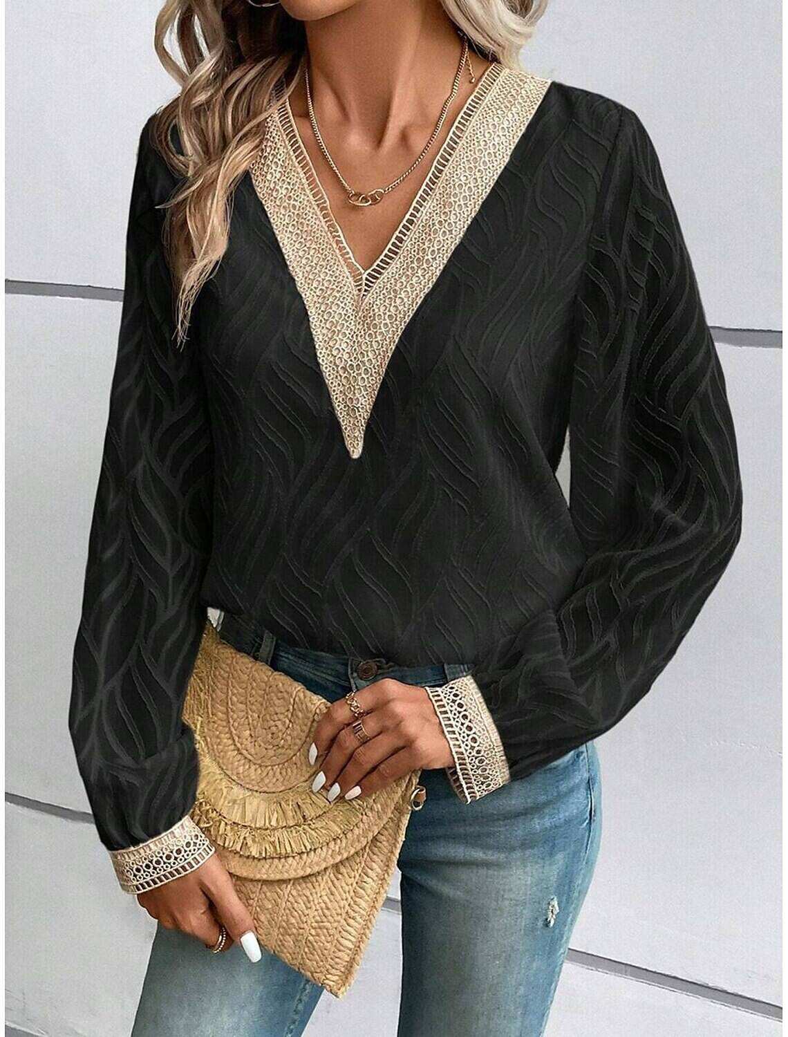 Women's Blouse Dressy Tops Elegant Stylish Solid Color Lace Flutter Sleeve Long Sleeve Regular Tops V Neck Party Daily Summer Spring Fall