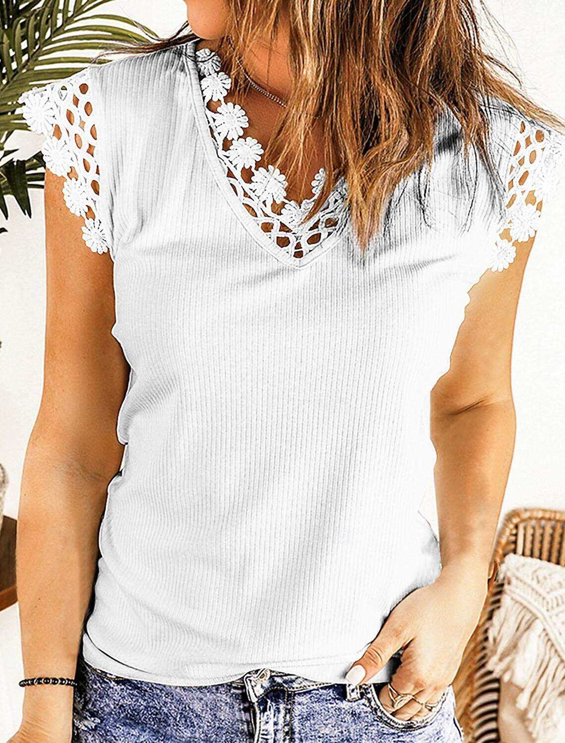 Shirt Blouse Women's Plain Lace Street Daily Fashion V Neck Regular Fit S