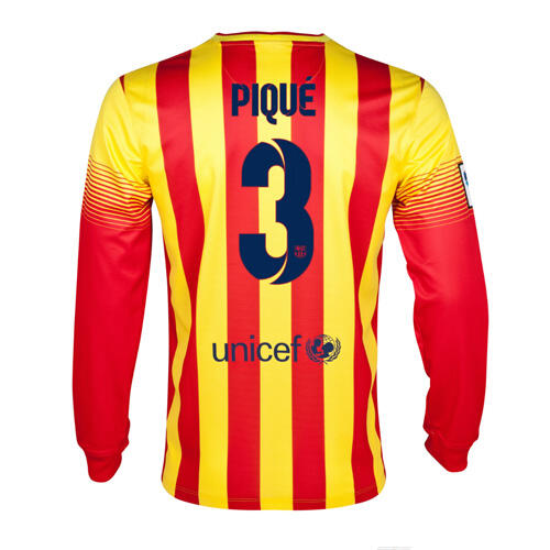 13-14 Barcelona 3 Pique Away Long Sleeve Soccer Jersey Shirt -