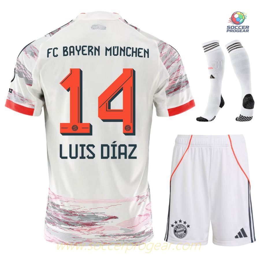 Bayern Munich Away Kids Edition Jersey Set Team Jersey 2025/26 Collection Luis Diaz