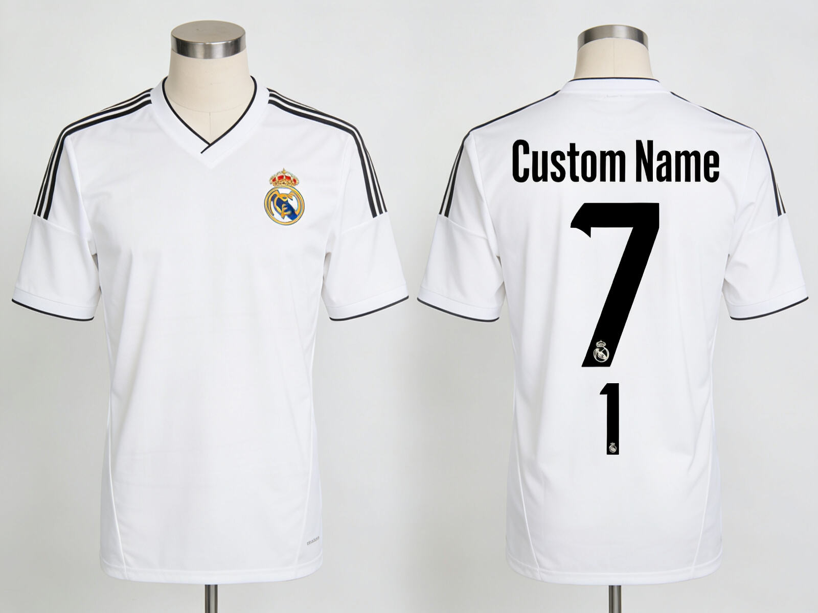 A clean, modern mockup of a pristine white Real Madrid jersey with a custom name.