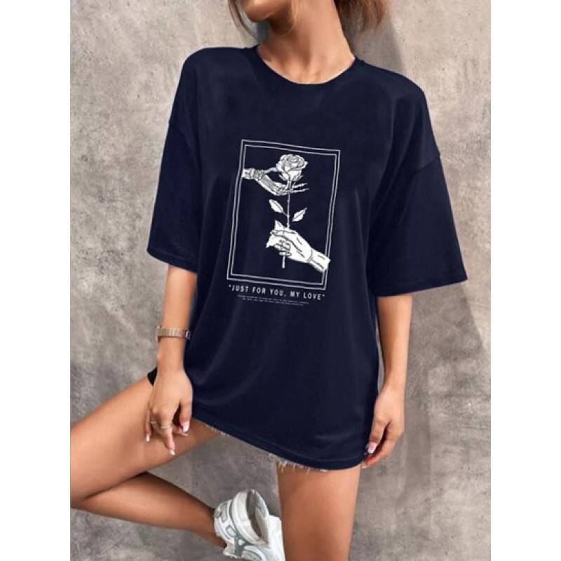 Skeleton Hand Rose Print Drop Shoulder T Shirt ZL1217