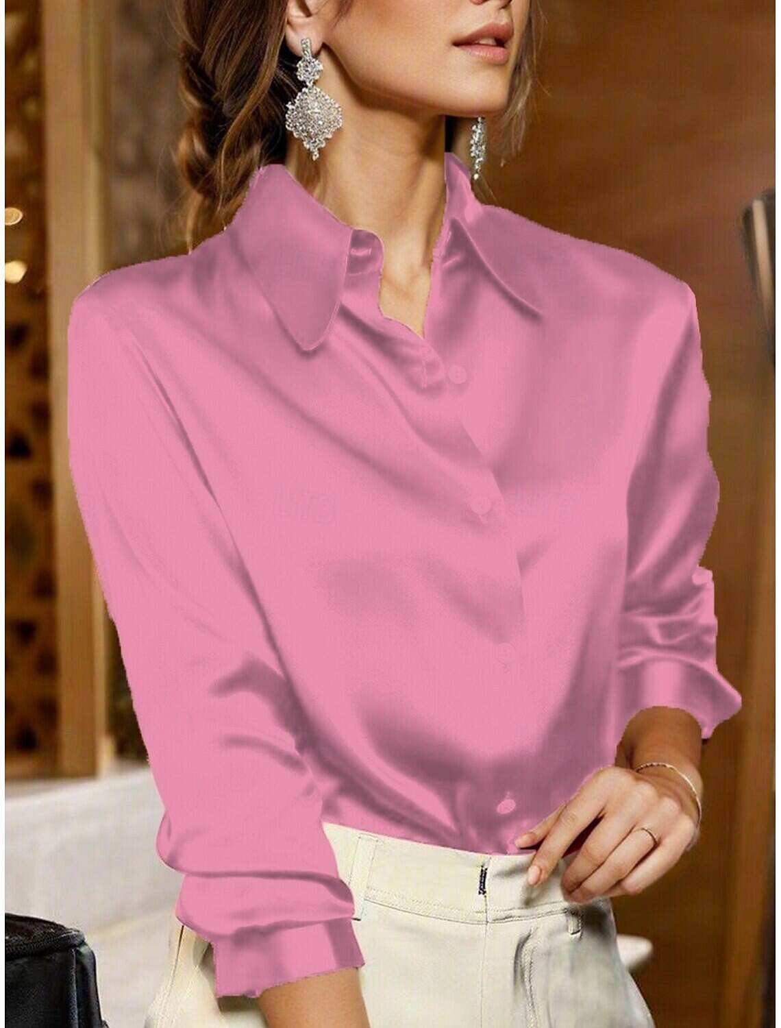 Women's Shirt Blouse Business Basic Mature Solid Color Plain Regular Tops Long Sleeve Shirt Collar Buttons Regular Fit Work Casual Daily Spring & Fall