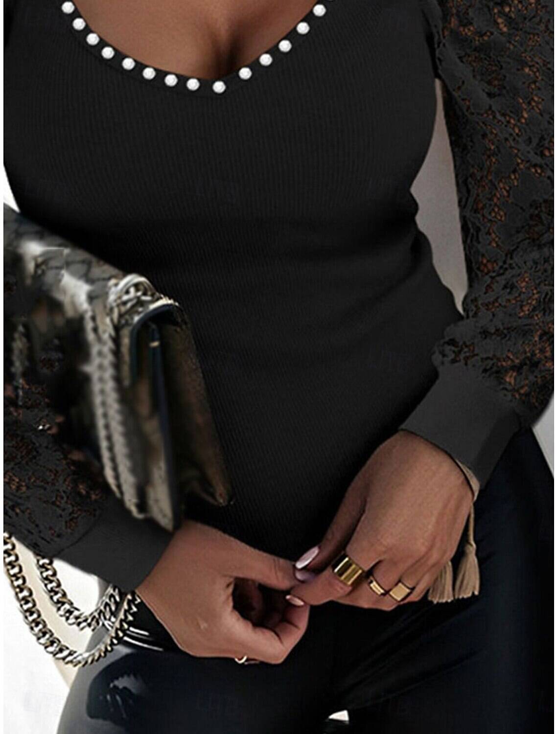 Women's Shirt Blouse Basic Casual Solid Color Regular Tops Long Sleeve Puff Sleeve Square Neck Lace Patchwork Beaded Regular Fit Daily Fall Winter