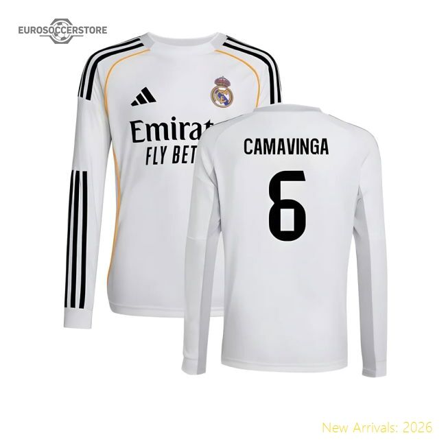 2025-2026 Real Madrid Long Sleeve Home Jersey (kids) (camavinga 6)