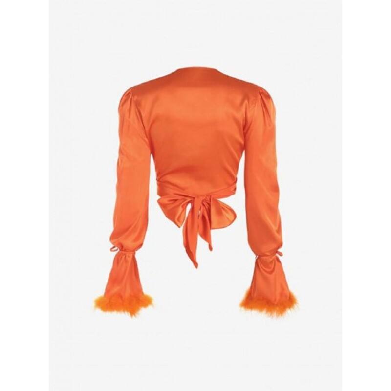 Satin Puff Sleeve Feather Trim Wrap Blouse PY6621