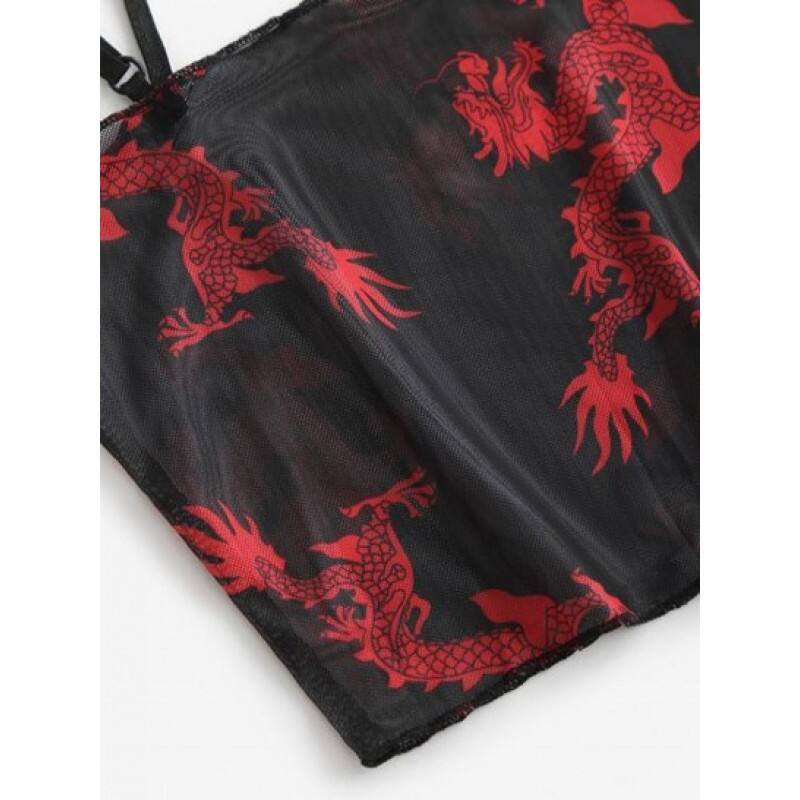 Cropped Oriental Dragon Sheer Mesh Cami Top AI0875