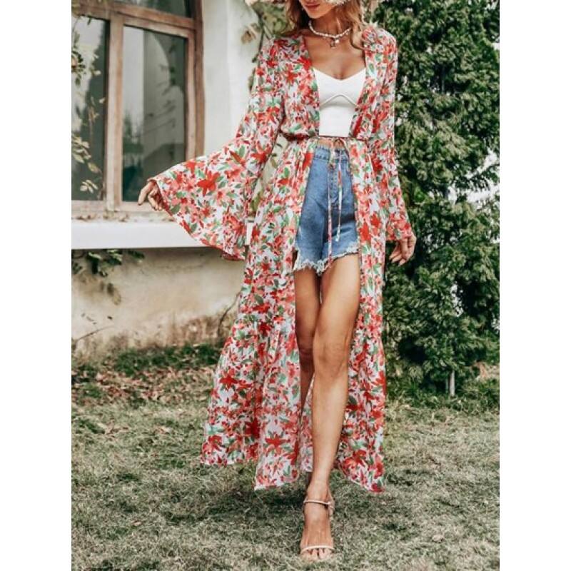 Flower Print Belted Flare Sleeve Maxi Top UM9432