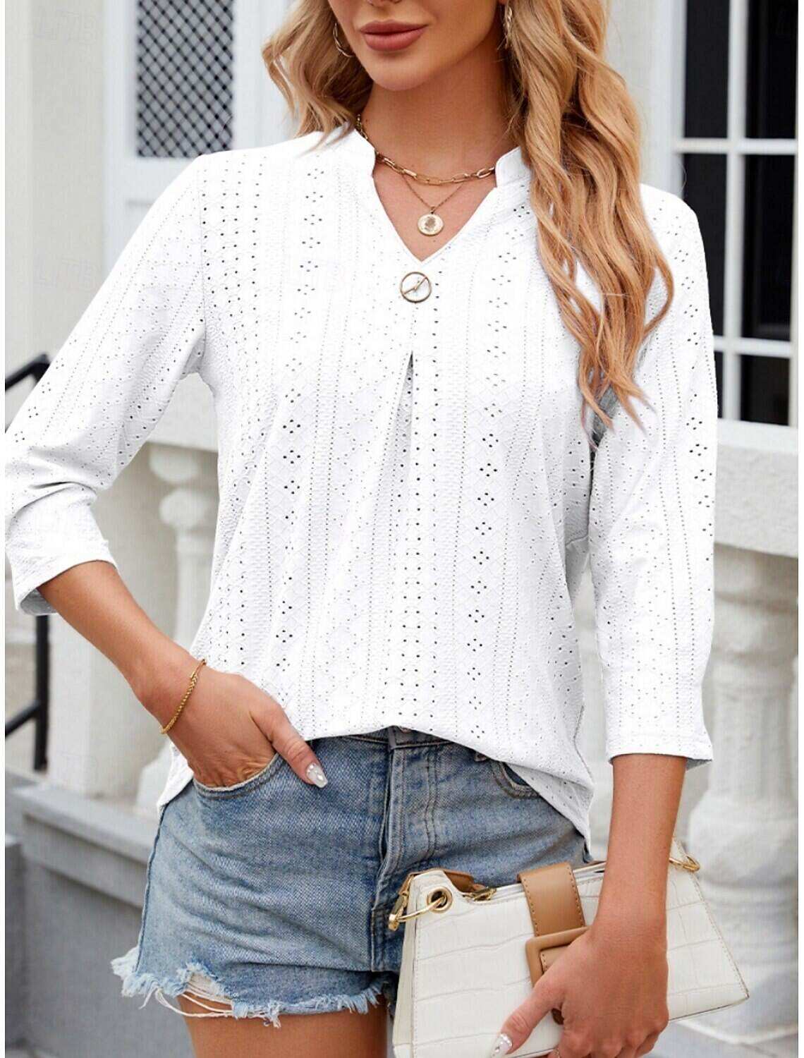 Women's Shirt Blouse Stylish Casual Floral Regular Tops Long Sleeve Notched Neck Eyelet Regular Fit Daily Summer Spring
