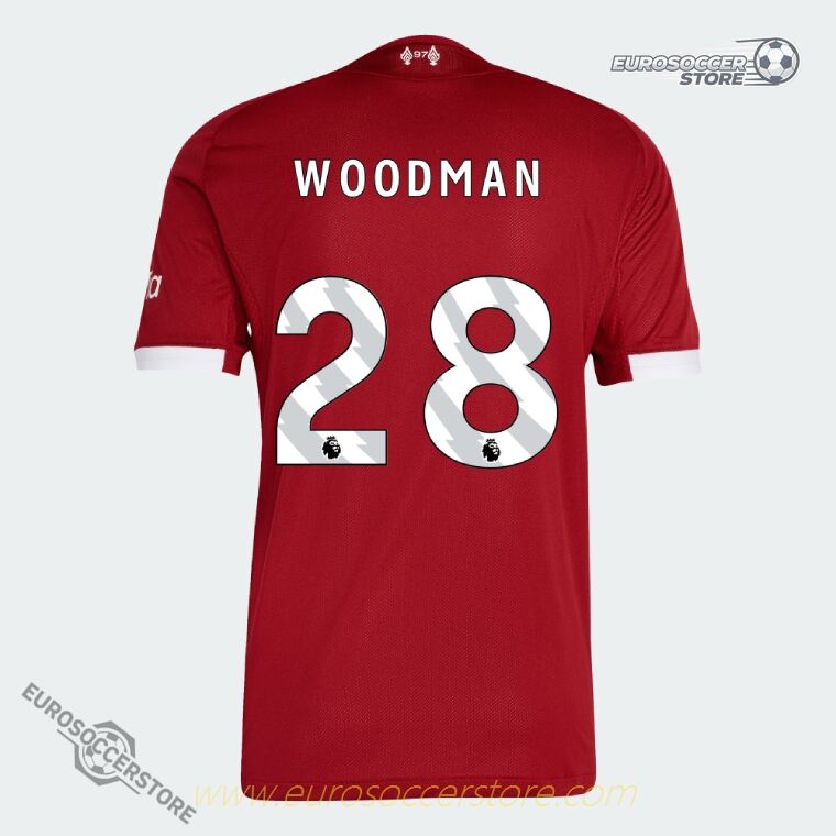 Liverpool's 25-26 Home Jersey (Player Version) featuring WOODMAN with the number 28.