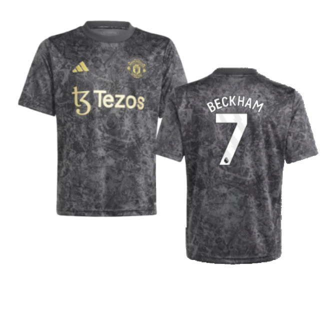 2023-2024 Man Utd Pre-Match Shirt (Black) - Kids (Beckham 7) - high...