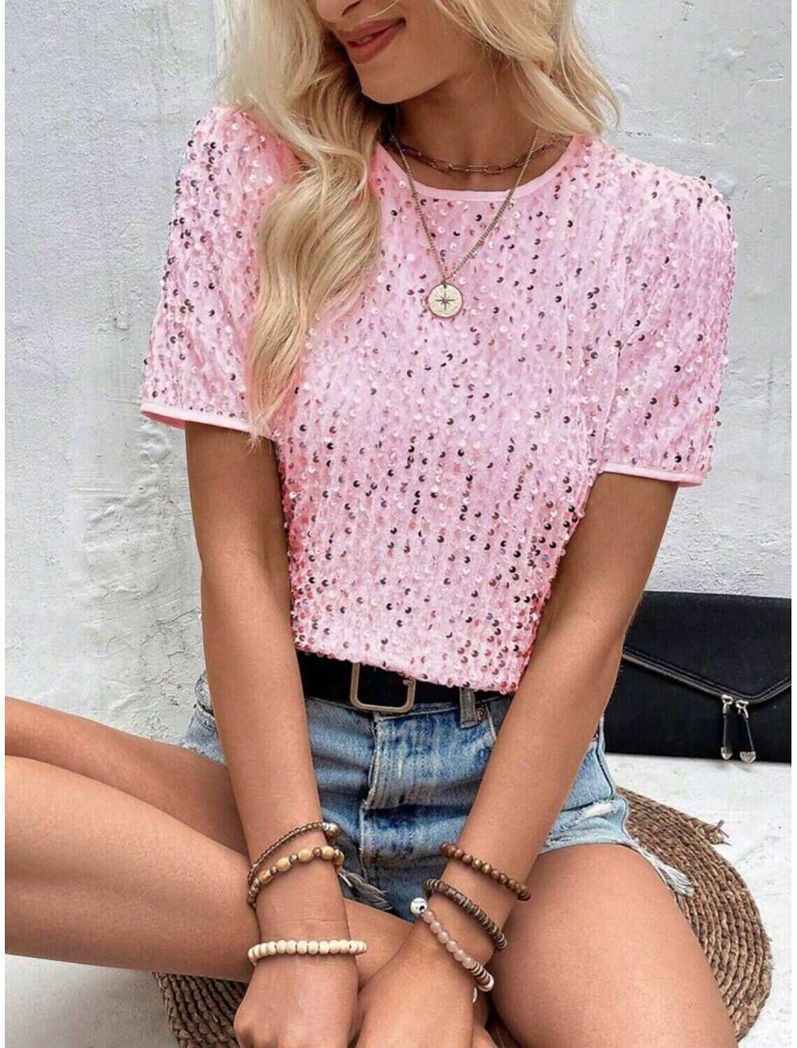Women's T Shirt Fashion Modern Casual Plain Regular Tops Short Sleeve Crew Neck Sequins Regular Fit Daily Weekend Summer Spring