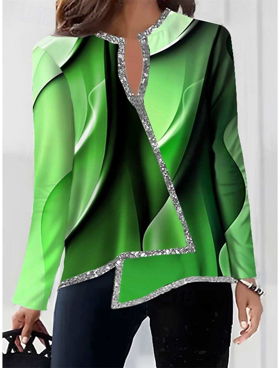 Women's Shirt Blouse Fashion Print Asymmetric Hem Long Sleeve Regular Tops V Neck Casual Fall & Winter