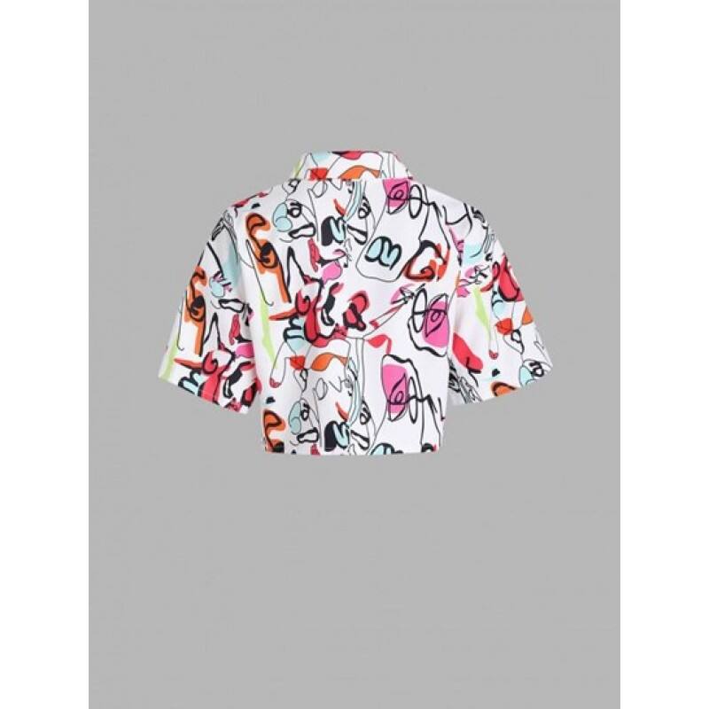 Scrawl Print Drop Shoulder Crop Shirt NG2108