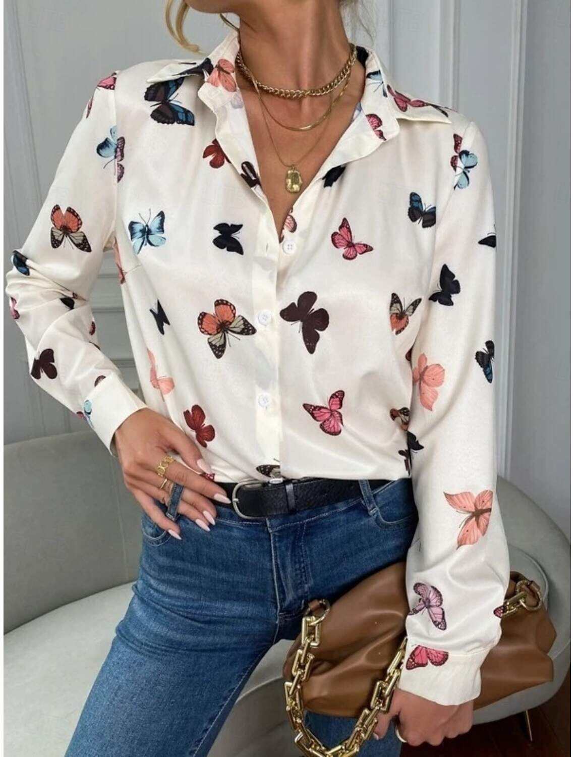 Women's Shirt Blouse Stylish Casual Butterfly Regular Tops Long Sleeve Shirt Collar Buttons Print Regular Fit Daily Summer Spring