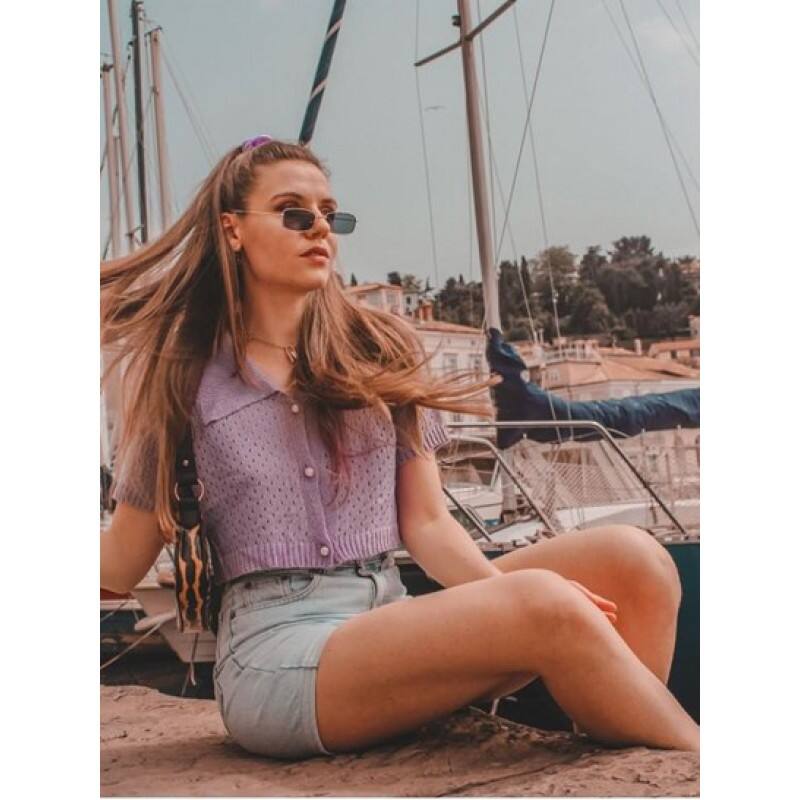 Eyelet Pearly Button Up Knitted Top IA4924