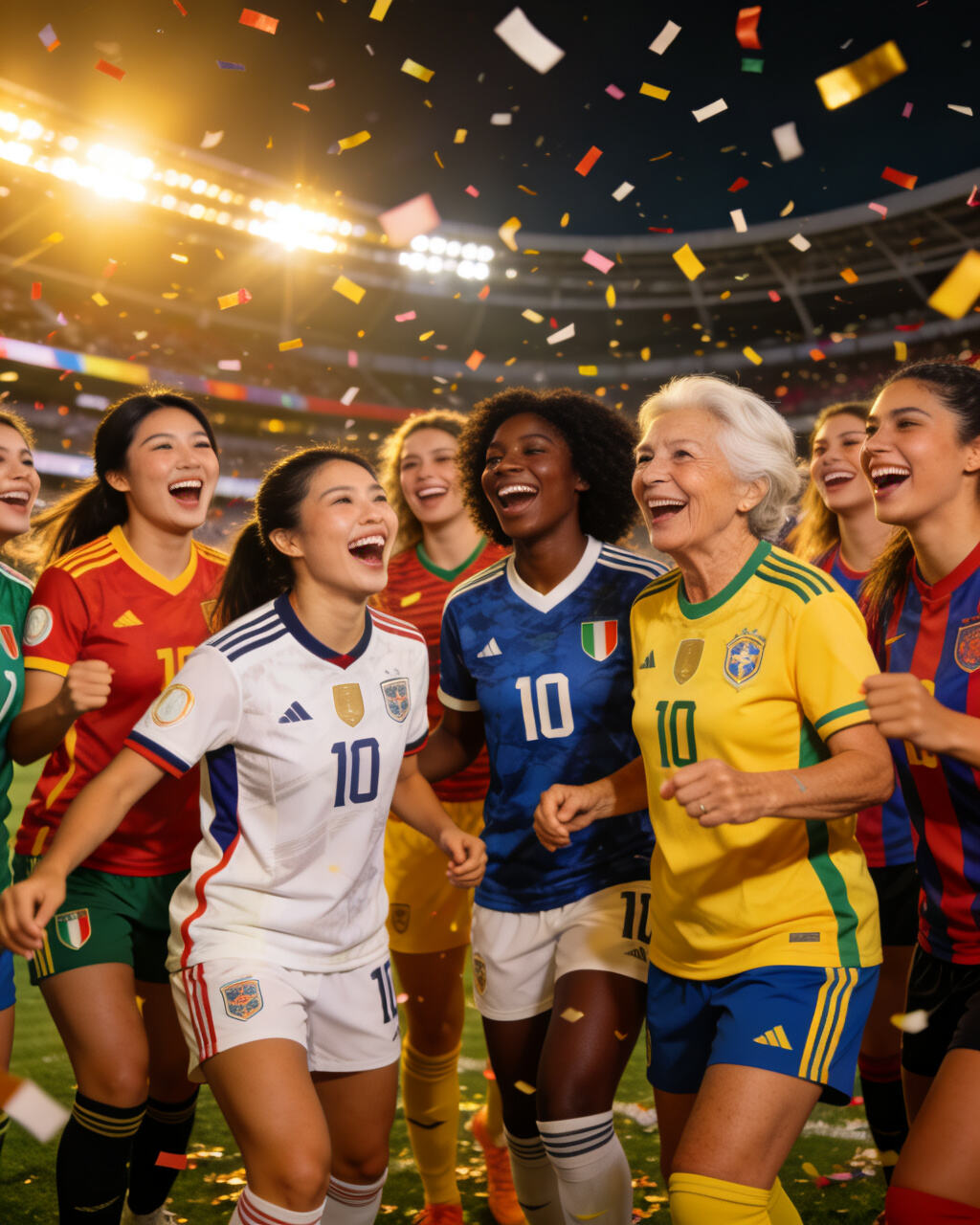 Women's football celebration, diverse female athletes, stadium confetti, empowering women, multicultural fashion, joyful moment, sports celebration, unity