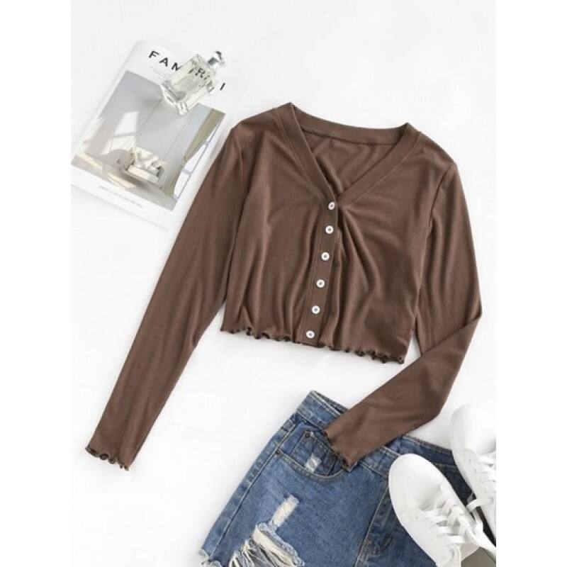 Button Up V Neck Cropped Tee NR2465