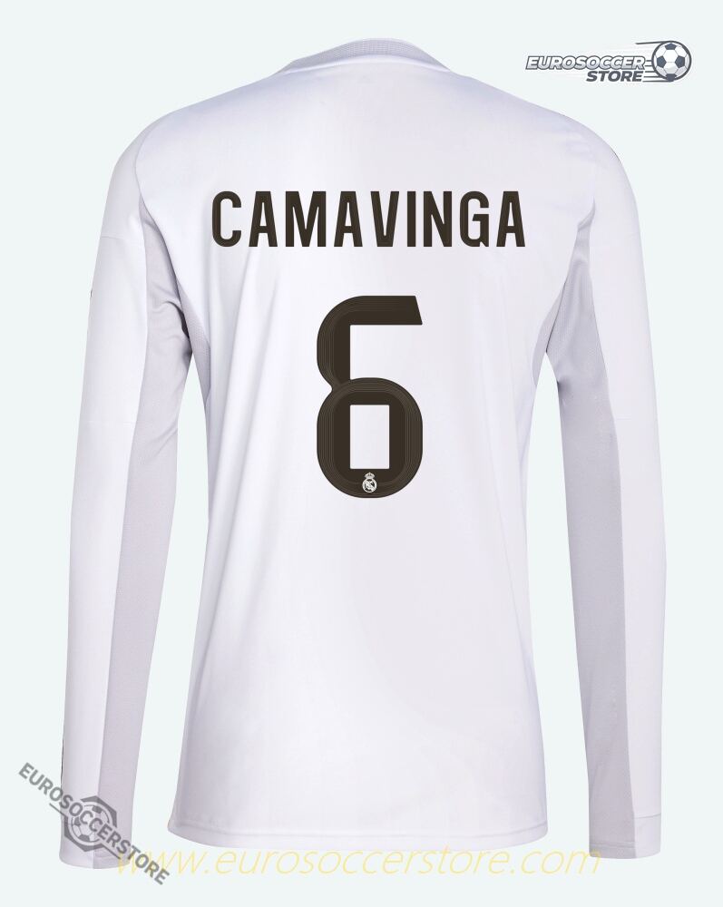 Real Madrid's 25-26 Home Long Sleeve Jersey, featuring Camavinga with the number 6.
