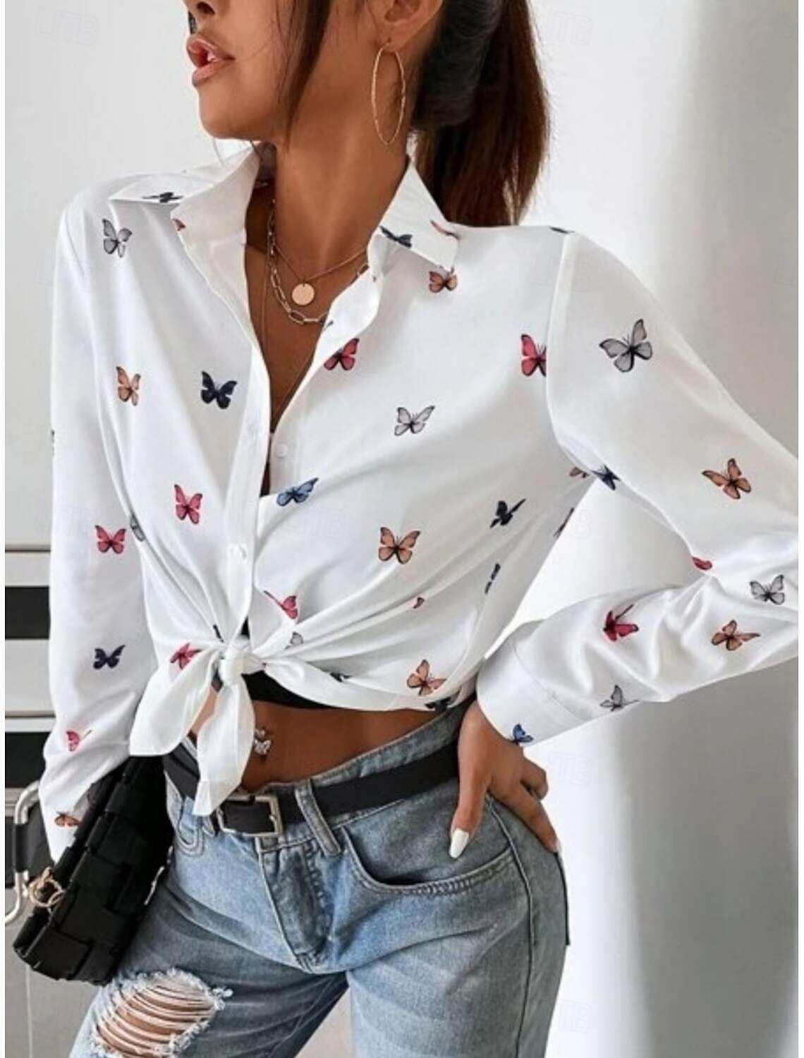 Women's Shirt Blouse Stylish Casual Butterfly Regular Tops Long Sleeve Shirt Collar Buttons Print Regular Fit Daily Summer Spring