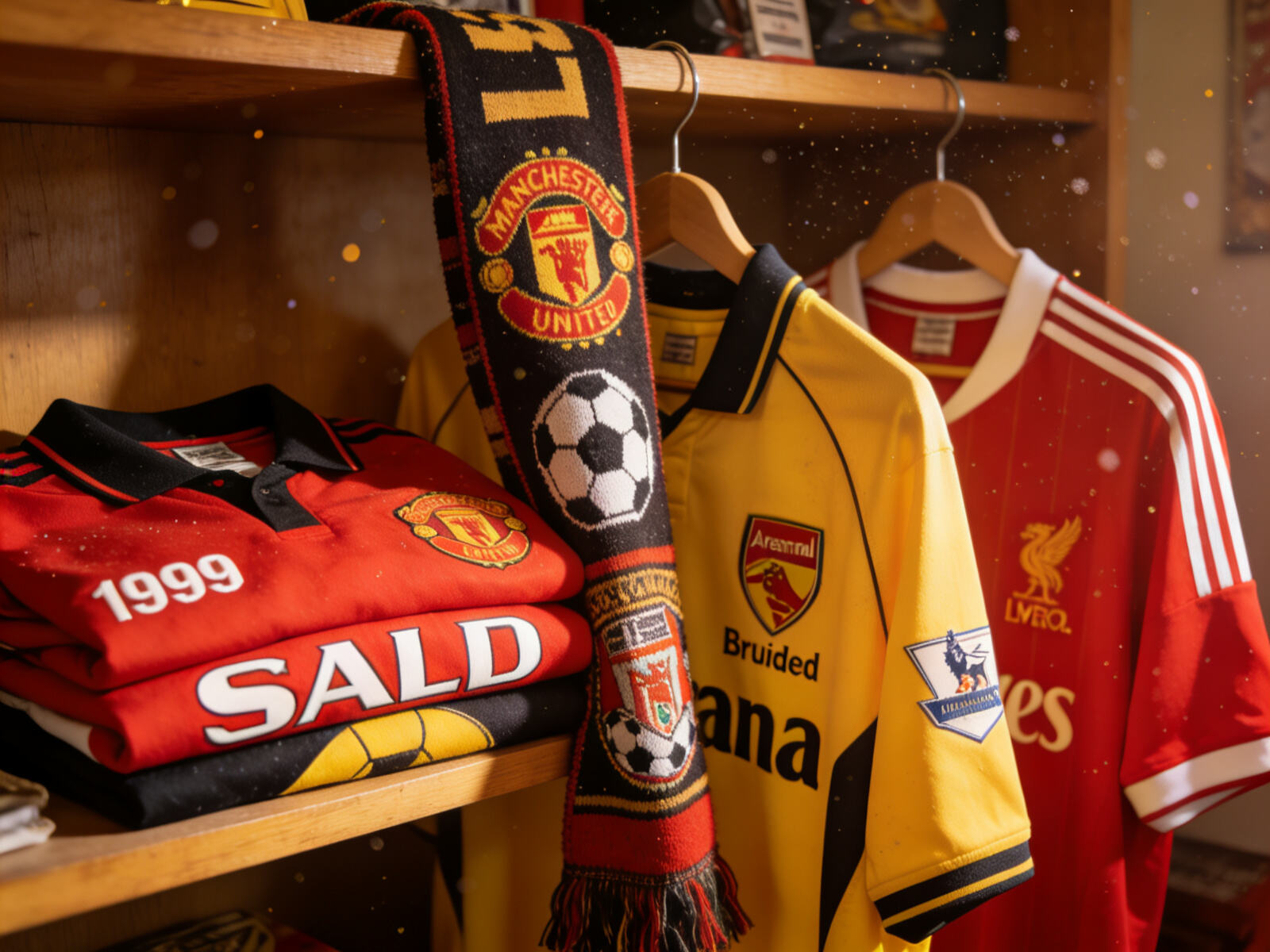 A "shelfie" of several classic retro jerseys folded or on hangers, with a vintage scarf draped over them.