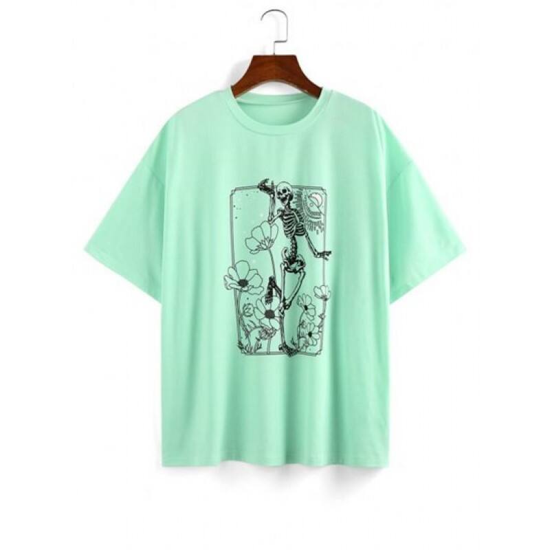 Flower Skeleton Drop Shoulder T Shirt IE0070