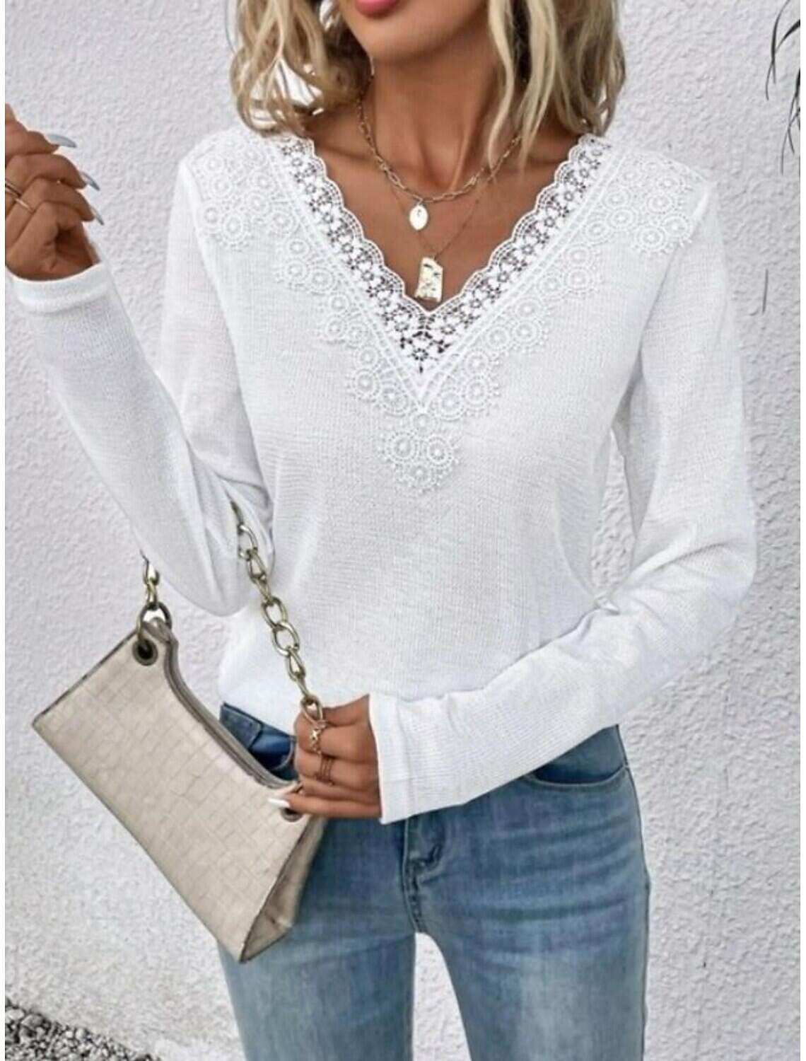 Women's Elegant Lace Tops Eyelet Blouse Casual Lace Long Sleeve Regular Tops V Neck Daily Romantic Petite Tops Summer Holiday Wear Spring Fall Semi Formal Blouses