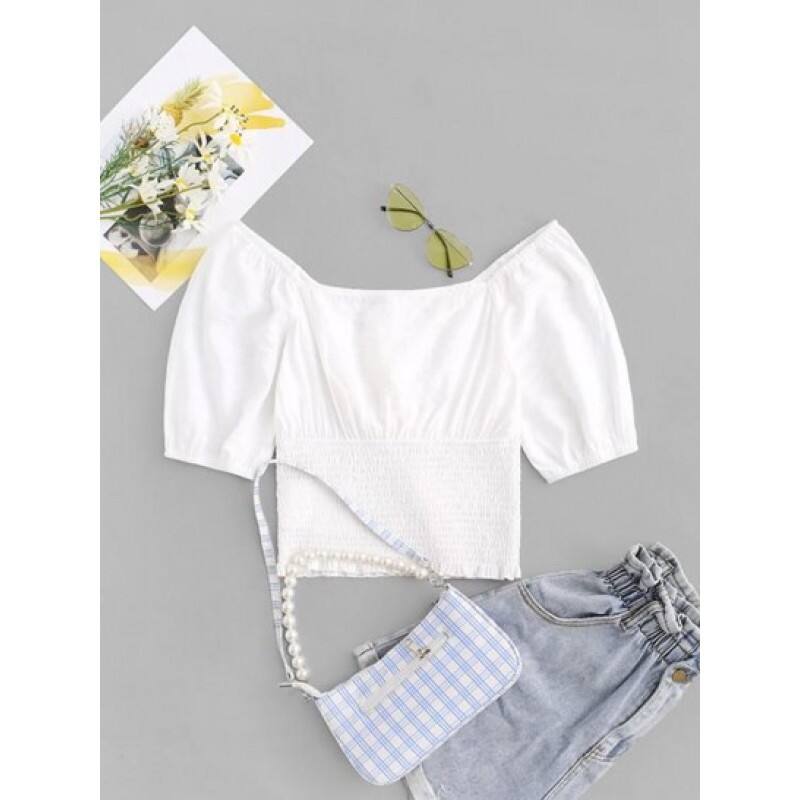 Knotted Puff Sleeve Plunge Shirred Blouse YE8032