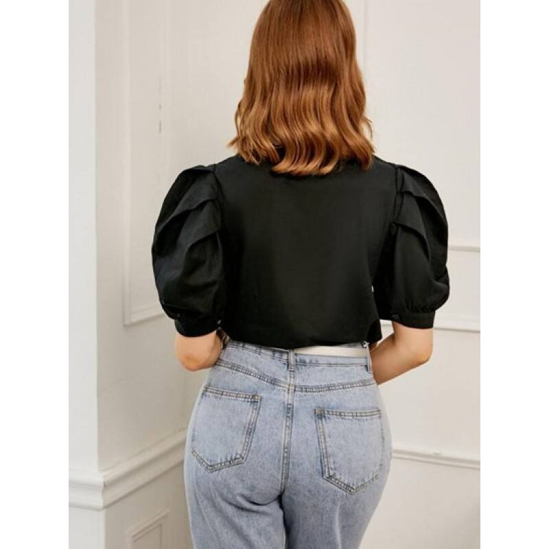 Retro Embroidered Flat Collar Puff Sleeve Blouse PO6893