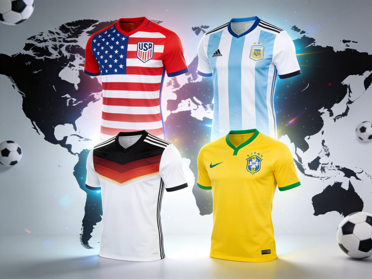 A dynamic collage of popular national team jersey concepts (USA, Argentina, Germany, Brazil) against a global map background.