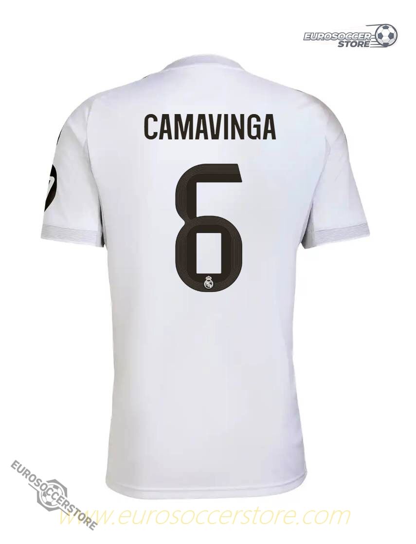 Real Madrid's 25-26 Home Jersey featuring Camavinga with the number 6