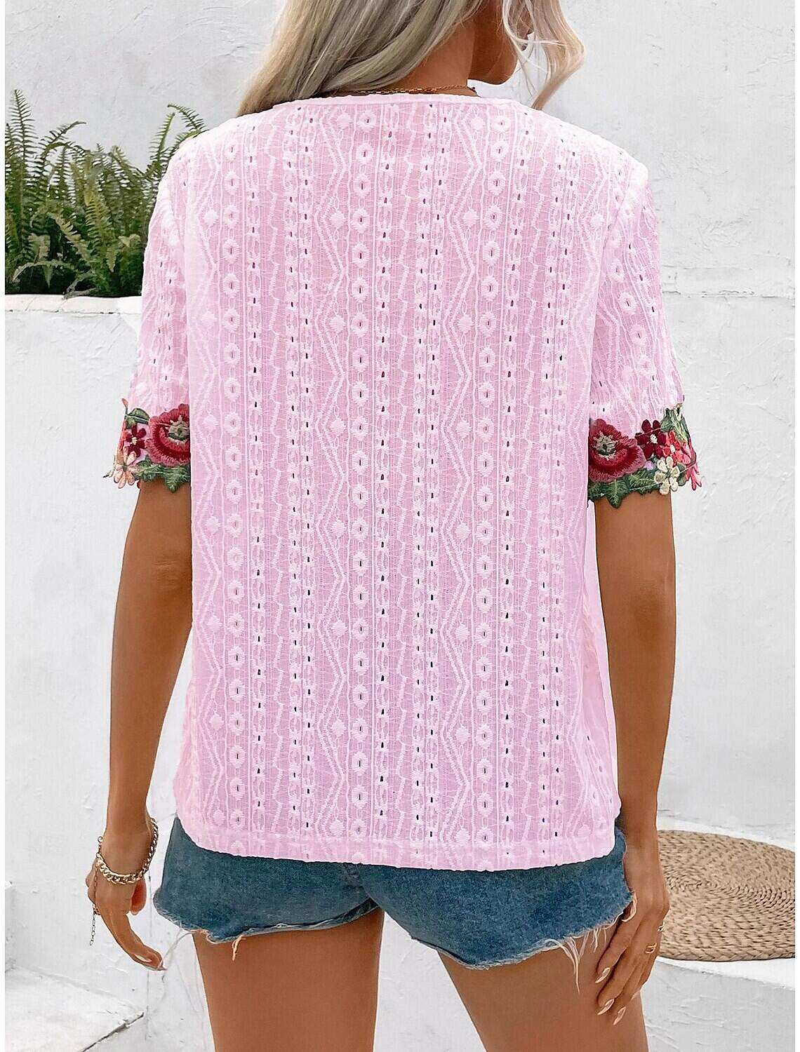 Women's Elegant Lace Tops Eyelet Blouse Floral Embroidery V-Neck Half Sleeve Summer Casual Outdoor Everyday Wear Romantic Petite Tops Summer Holiday Wear