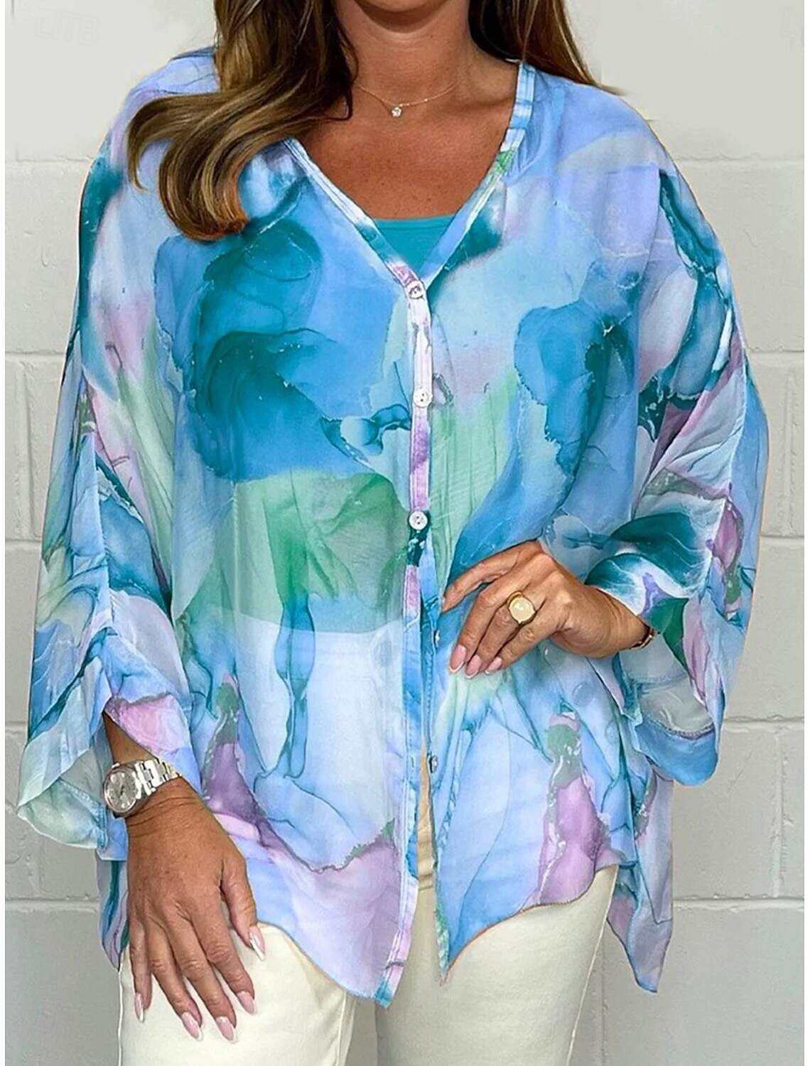 Women's Shirt Blouse Stylish Casual Floral Regular Tops Long Sleeve V Neck Buttons Print Regular Fit Daily Summer Spring Fall