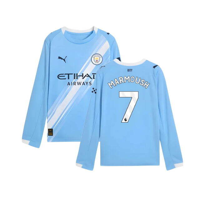 2025-2026 Man City Long Sleeve Home Kit (Kids) (Marmoush 7)