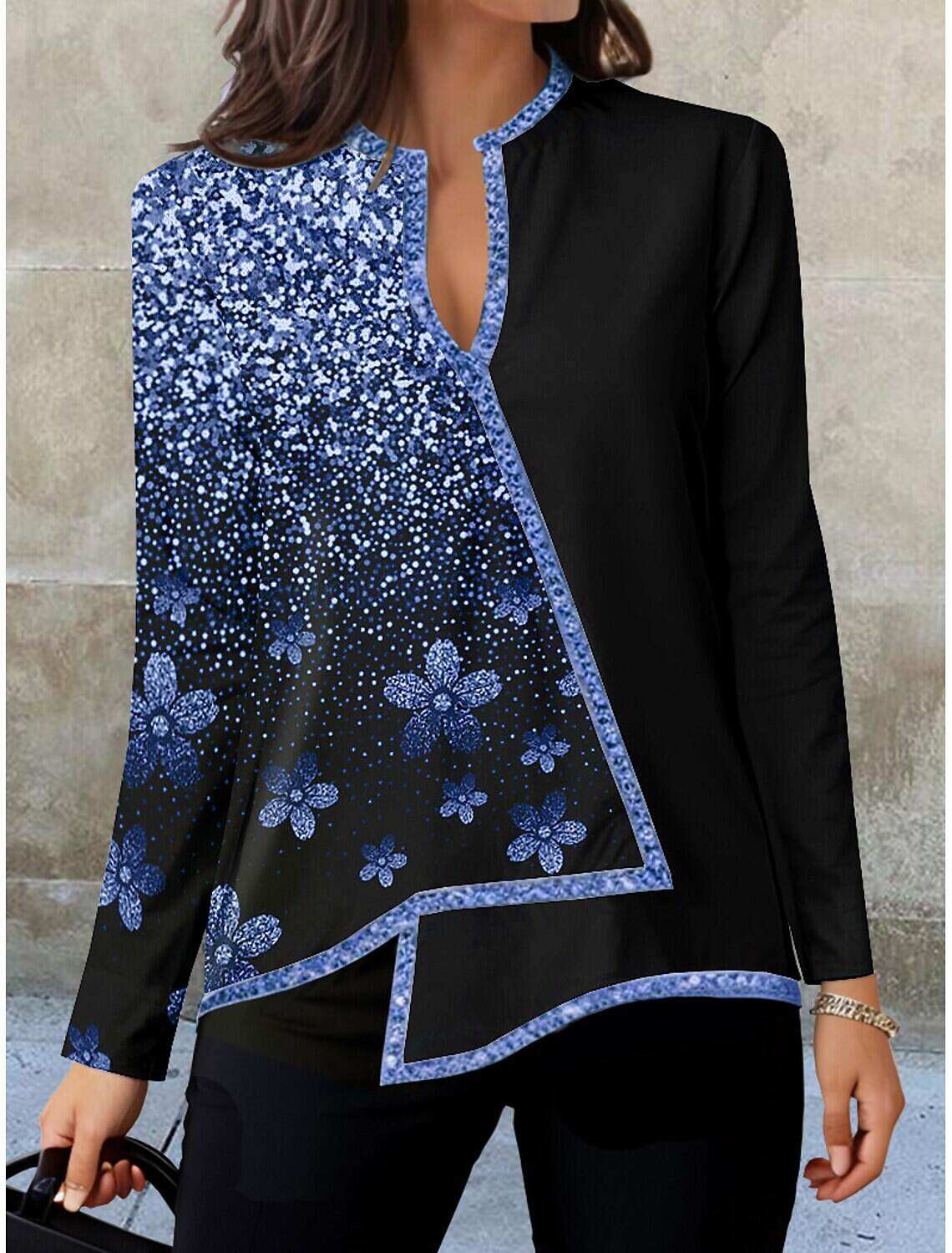 Women's Shirt Blouse Fashion Floral Print Asymmetric Hem Long Sleeve Regular Tops V Neck Casual Holiday Fall & Winter